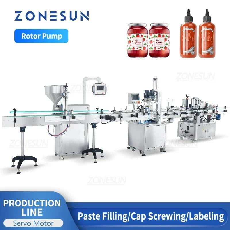 ZONESUN ZS-RPCL1 Automatic Production Line  Paste Filling Sauce Jam Round Bottle Screw Capping Labeling Servo Motor Machine