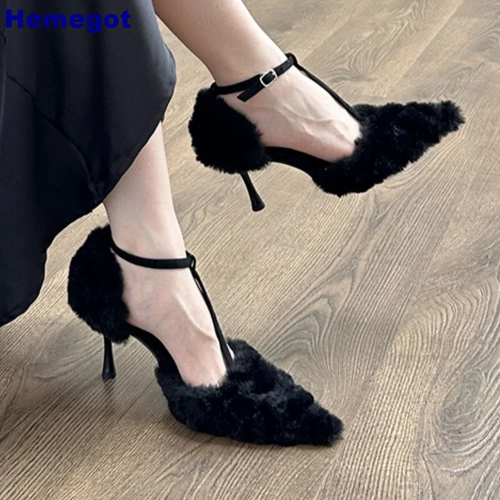 Spitze Plüsch T-förmige Schnalle Sandalen Sommer neue flache sexy Straße dünne High Heels einfarbige Mode Damen Bankett Pumps