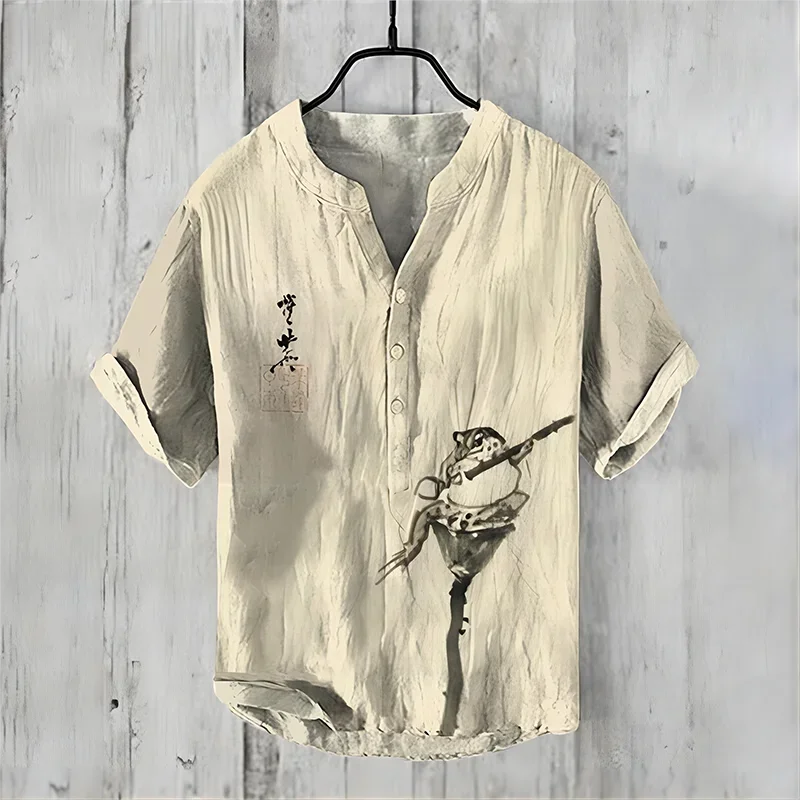 Japanese frog print Henley Shirt Men\'s Cool And Thin Breathable Summer Shirts Button Stand Collar Shirt v-neck henley shirt