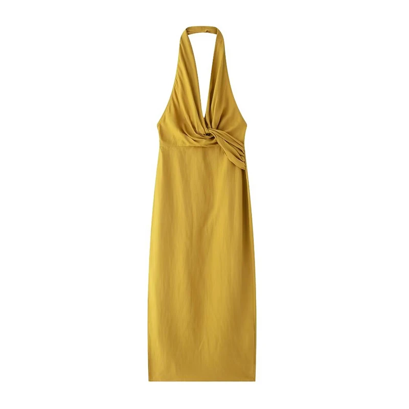 Willshela Women Fashion Yellow Pleated Backless Side Zipper Slit Midi Dress Vintage Halter Neck Female Chic Lady Dresses