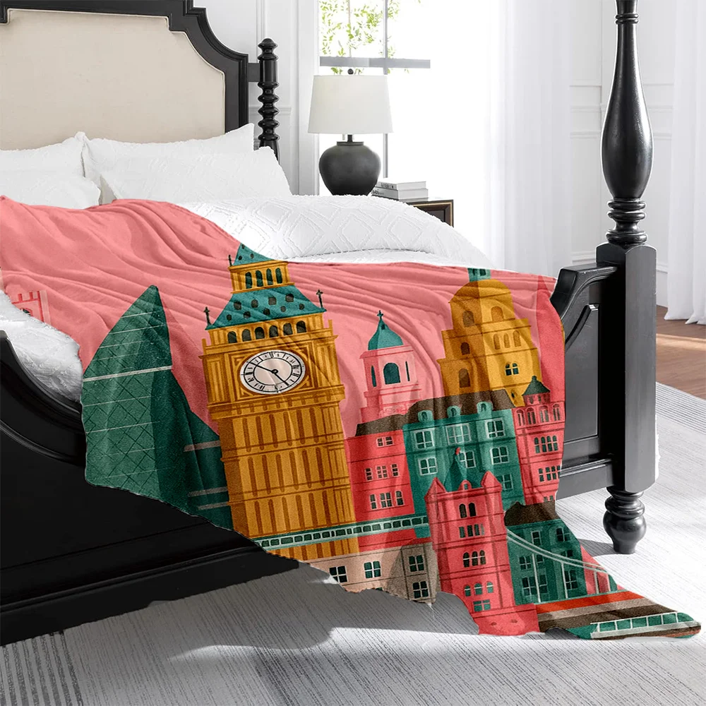 1pc London City Skyline Plush Fleece Blanket - Thick All-Season British Icon Print with Big Ben & Tower Bridge, Soft Bedspread