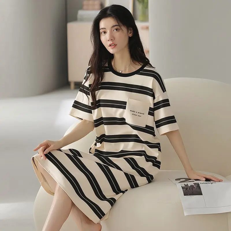 

Летние женские ночные сорочки 2026 года с коротким рукавом, 100% хлопок, повседневные, в полоску, корейский свободный крой, для сна
