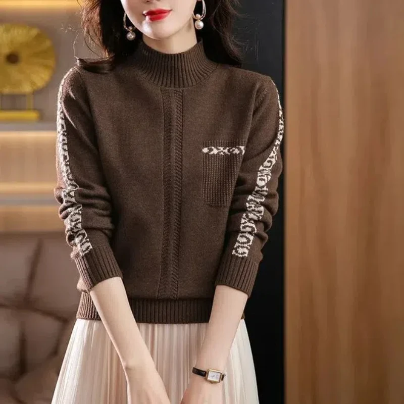 

Women's Korean Autumn Winter Contrast Color Screw Thread Pullover Long Sleeve Sweater Knitted Office Lady Half High Collar Tops