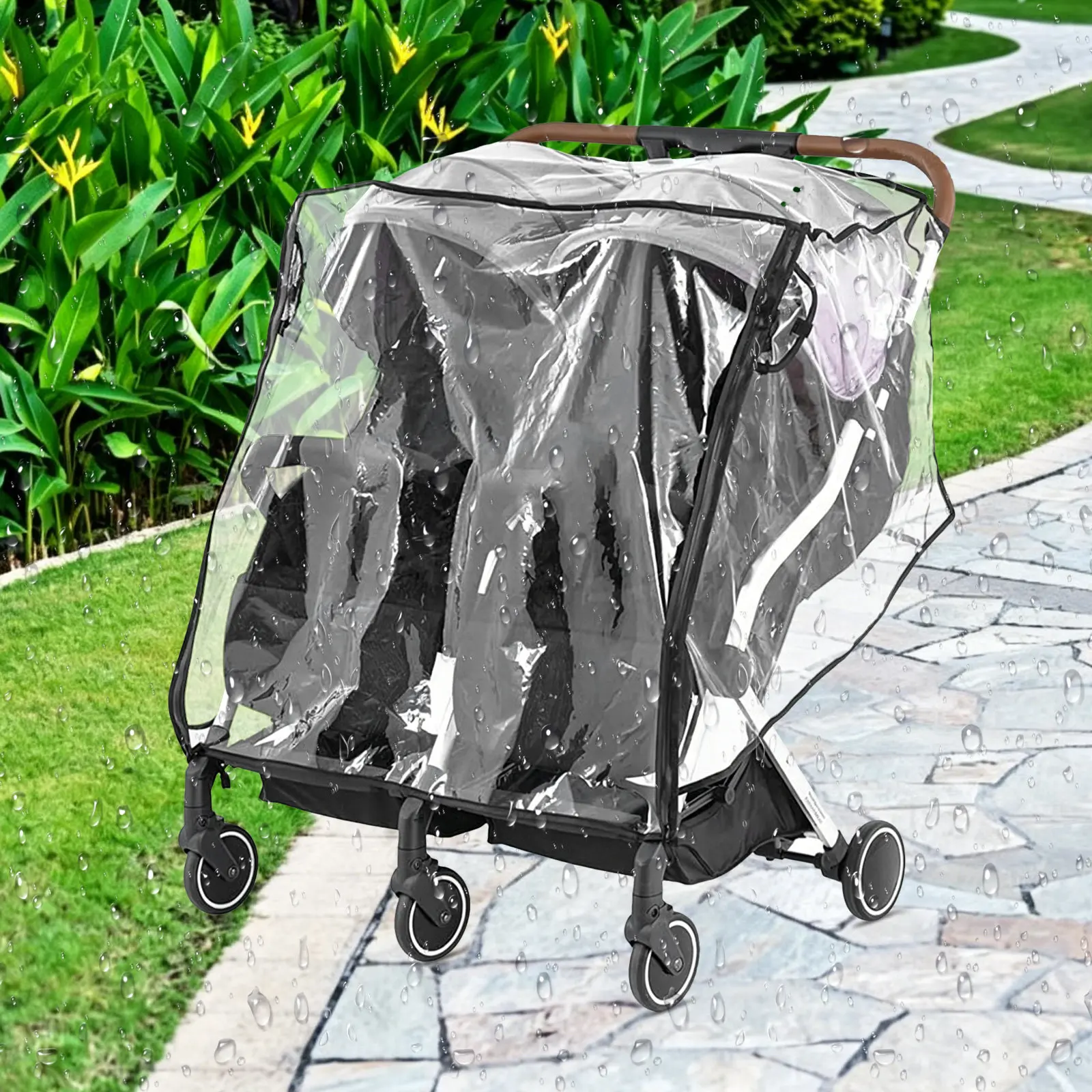 Double Stroller Rain Cover Waterproof Windproof Clear Thick PVC Shield Twin Pram Rain Protector Outdoor Baby Stroller Raincoat 4