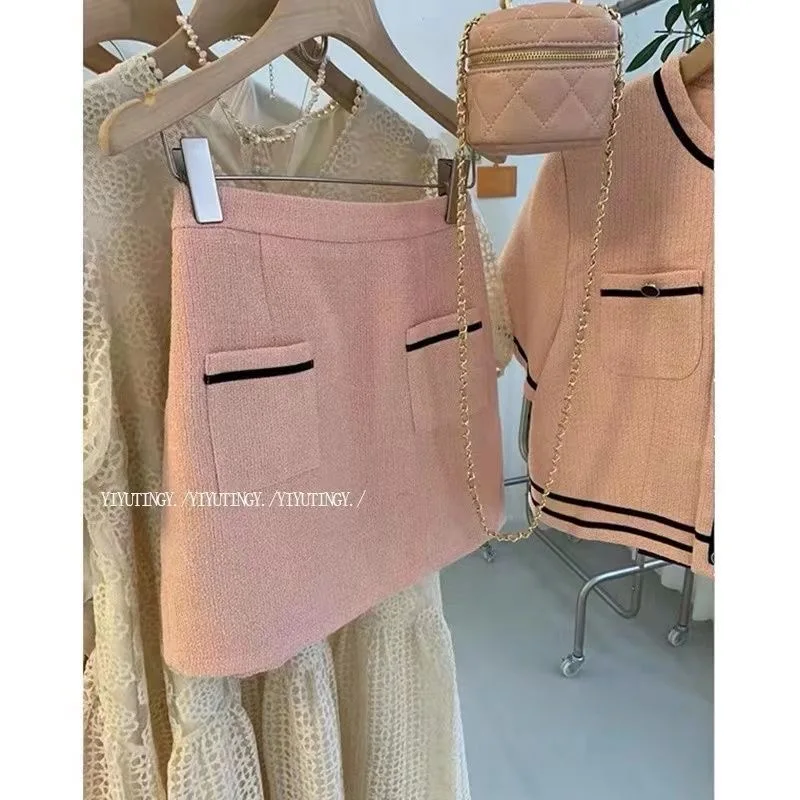 Women Vintage Chic Fragrant Pink Suit Shirt Top And Skirt Two Piece Set Matching Outfit 2023 New Summer Formal Occasion Cloth