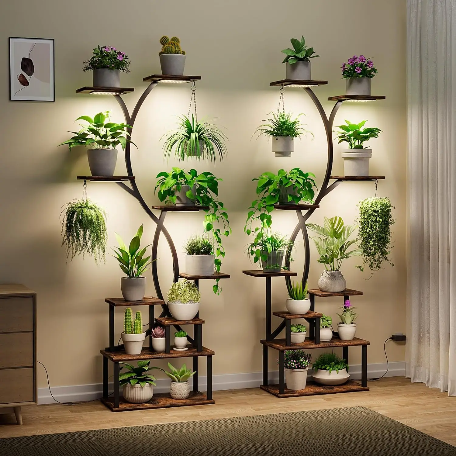 

9-Tier Indoor Plant Stand with Adjustable Grow Lights, Metal Frame for Multiple Pots, 62" Tall, 2-Pack
