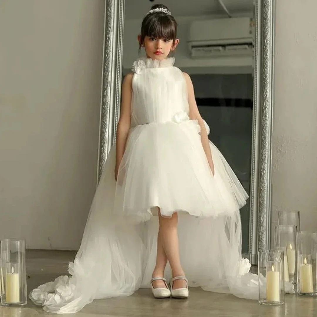 Customized Ivory Flower Girl Dresses For Wedding High Collar Tulle 3D Flowers Elegant Child First Communion Formal Occasion Gown