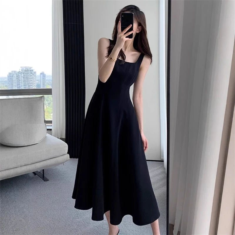 

Dresses Summer French Elegant Fashion Simple Sleeveless Square Neck A-Line Midi Party Dresses For Women
