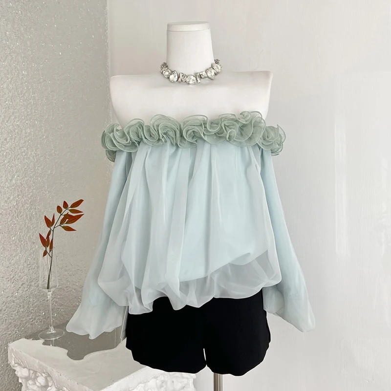 

3D-блузка из шифона с цветочным принтом, с открытыми плечами, весна-лето, рукав три четверти, нежно-зеленая, женская, в корейском стиле, модные топы и блузки