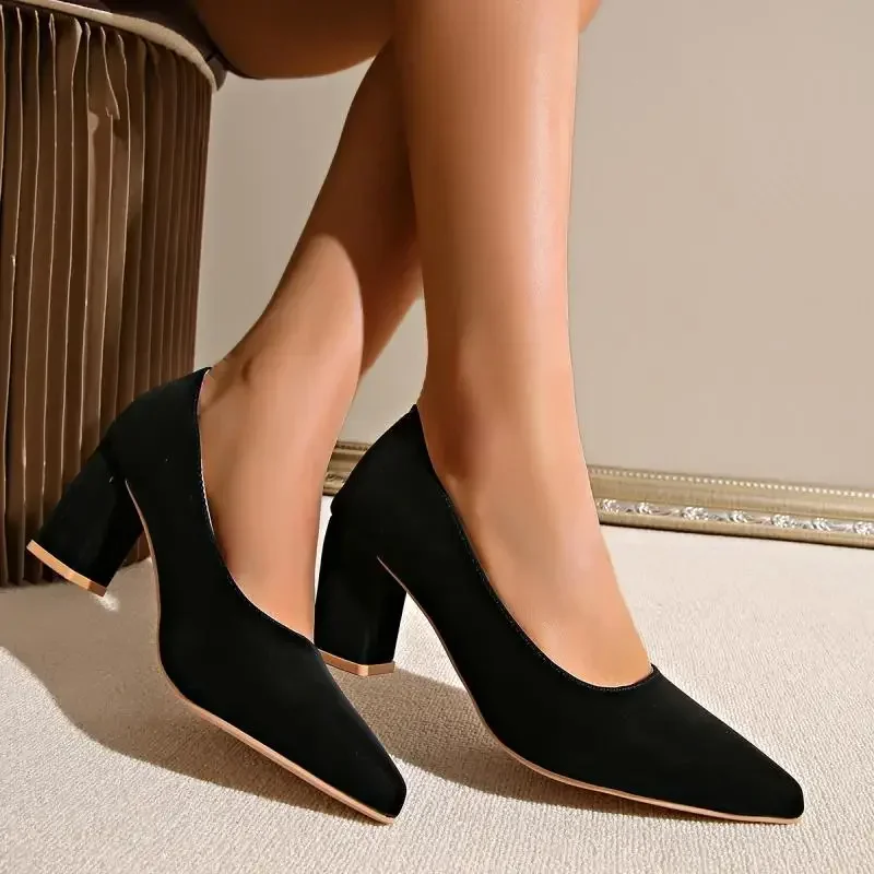 Rimocy Sexy Black Point Toe High Thick Heels Women\'s 2025 Spring Suede Leather Plus Size Pumps High-Quality Woman Office Heels