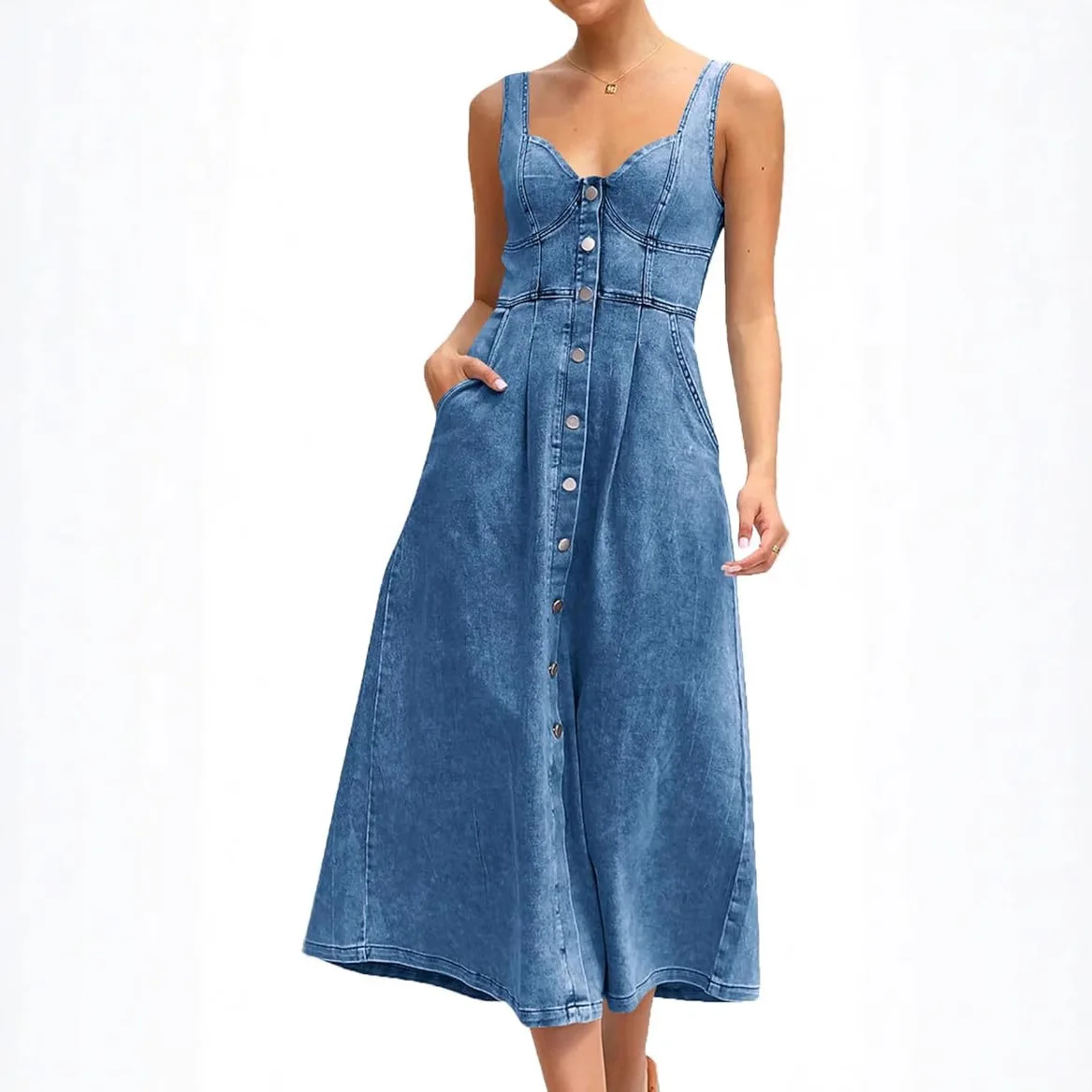

Europe, America 2025 Summer Women's Clothing Blue Denim Old Strap Single-row Button Medium-length Dress