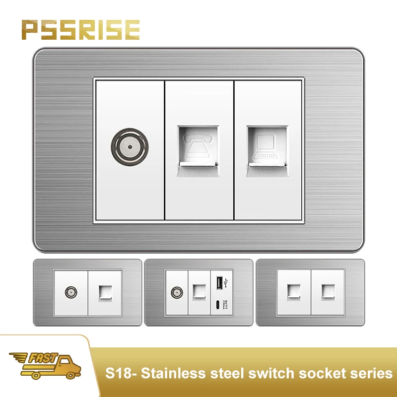 

PSSRISE White Brazil Italy American Standard wall socket with 2.1A USB Type-c charger Stainless steel panel computer TV socket