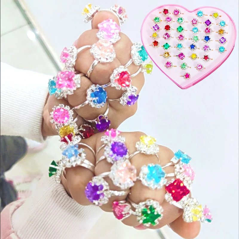 Simulated Crystal Gem Diamond Ring Cartoon Princess Imitation Jewelry Kids Toys for Girls Pretend Play Children's Beauty Fashion