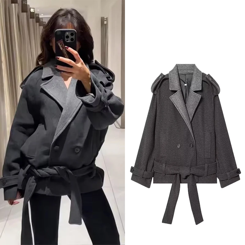 

Модное однотонное шерстяное пальто, женская куртка большого размера с поясом и лацканами, 2026, весенняя женская повседневная уличная одежда, новая верхняя одежда