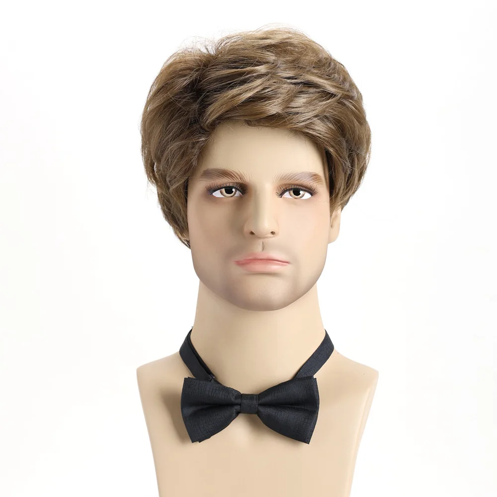 

Synthetic Short Curly Brown Wigs with Side Bangs For Men Daily Party Heat Resistant Fake Hair