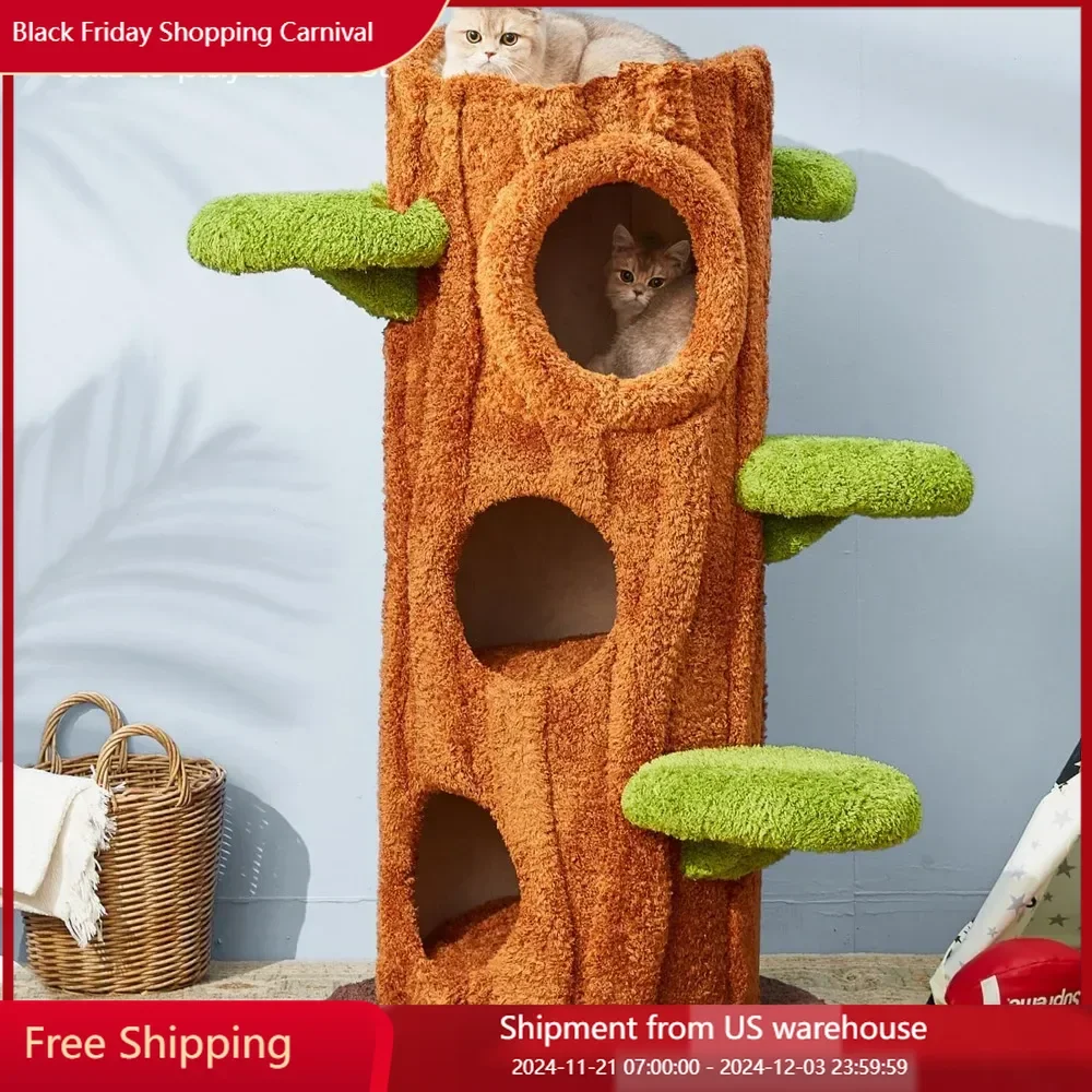 47.2'' Luxury Cat Tree for Multiple Cats, Multi-Level Cat House with Bed,Perch,Scratching Pads Solid Wood Cat Condo