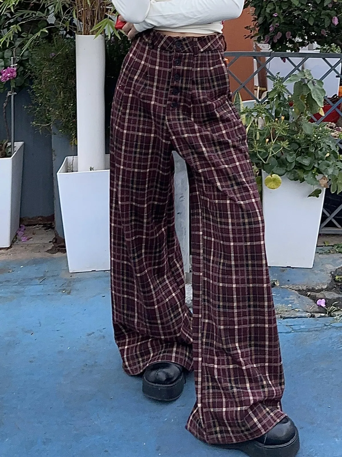 ZHISILAO High Waist Plaid Wide Leg Pants Women Vintage Casual Lattice Loose Floor Length Trousers Autumn 2024