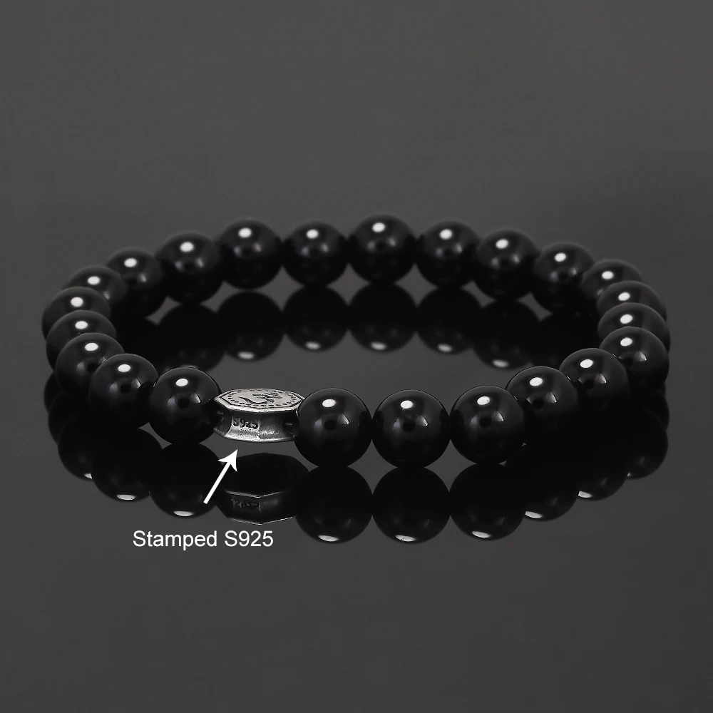 8mm Natural Stone Beaded Bracelet for Men Women 925 Sterling Silver Vajra Six Words Mantra Charm Obsidian Agate Handmade Jewelry view 5