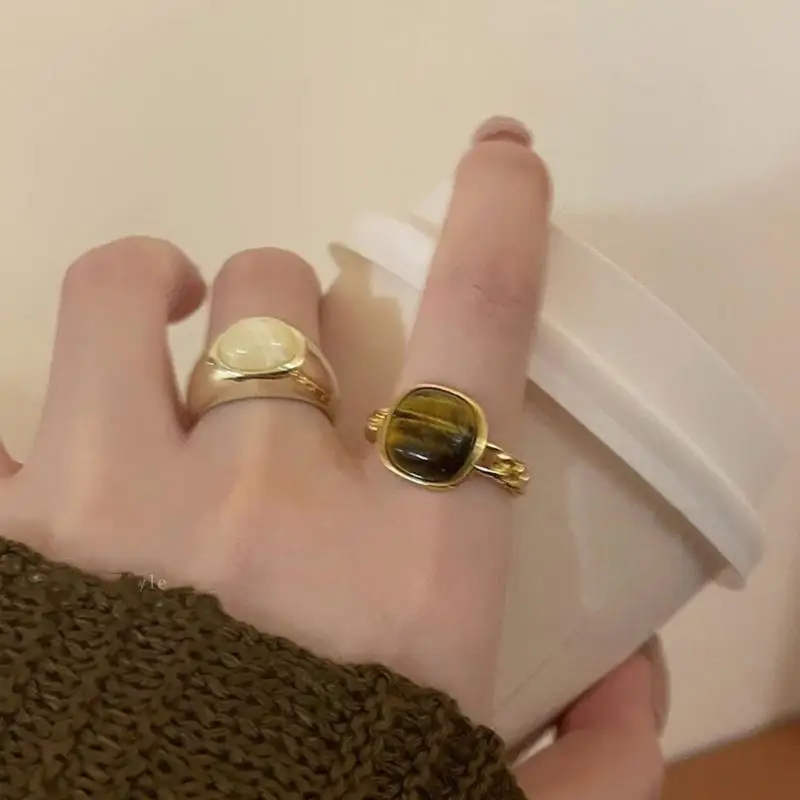 31BB Handcrafted Natural Gemstones Open Ring Opening Adjustable Rings for Women Girls