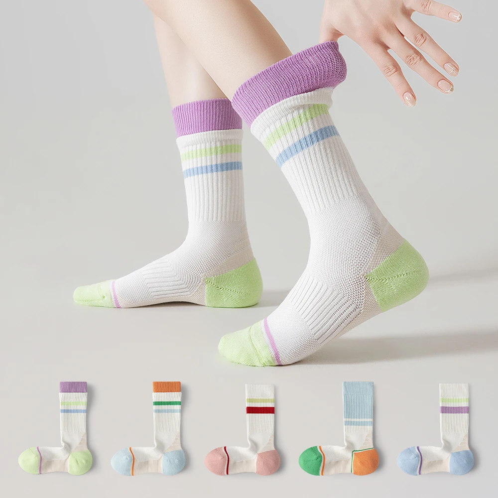 

Kave 2025 New Women's Socks Retro Fashion Double Cotton Middle Tube Sock Multicolor Striped School Girls Skateboard Sports Socks