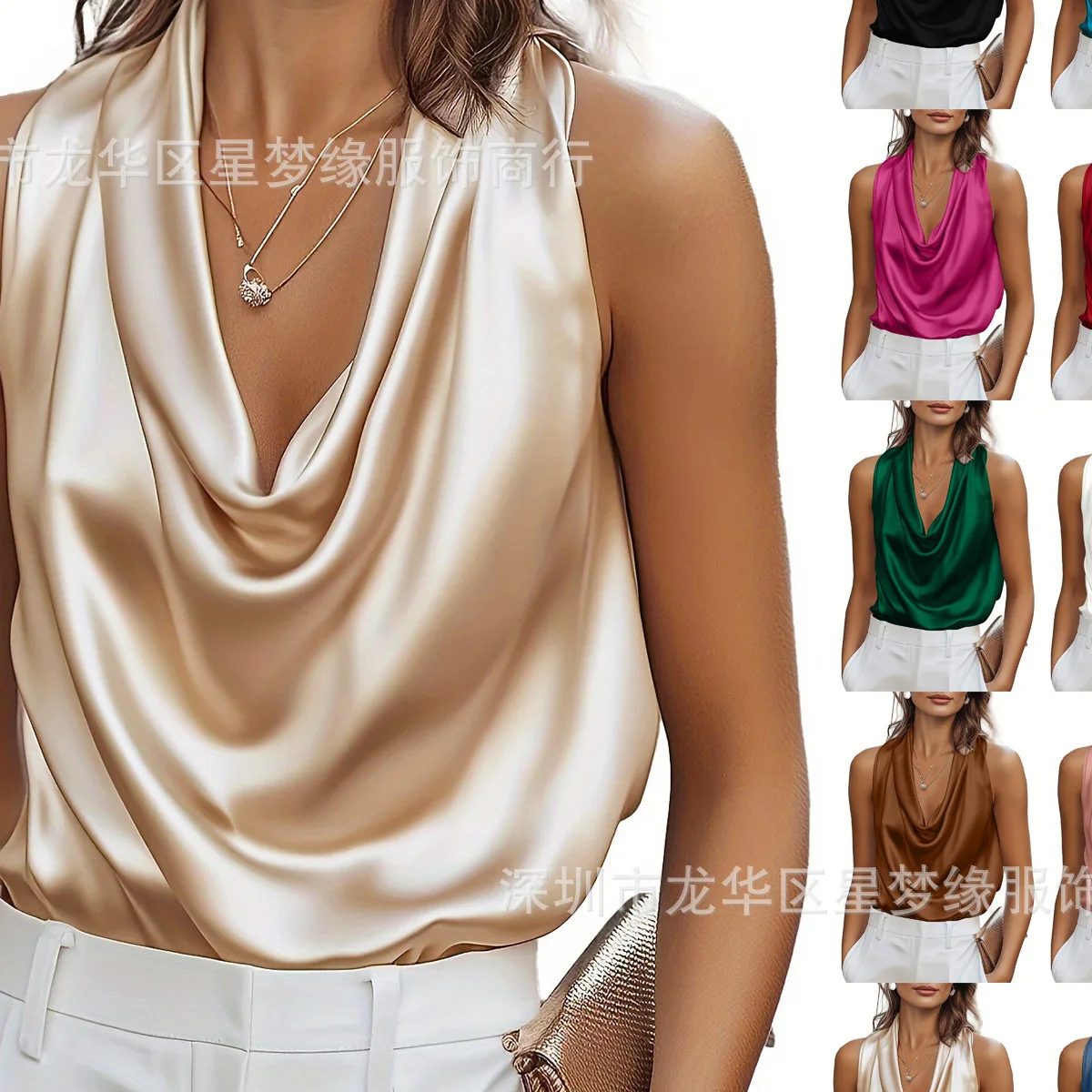 New Satin Satin Women's Shirt Pleated Pile Collar Elegant Commuting Inner Layer Imitation Silk Vest Simple Fashion Top for Femal