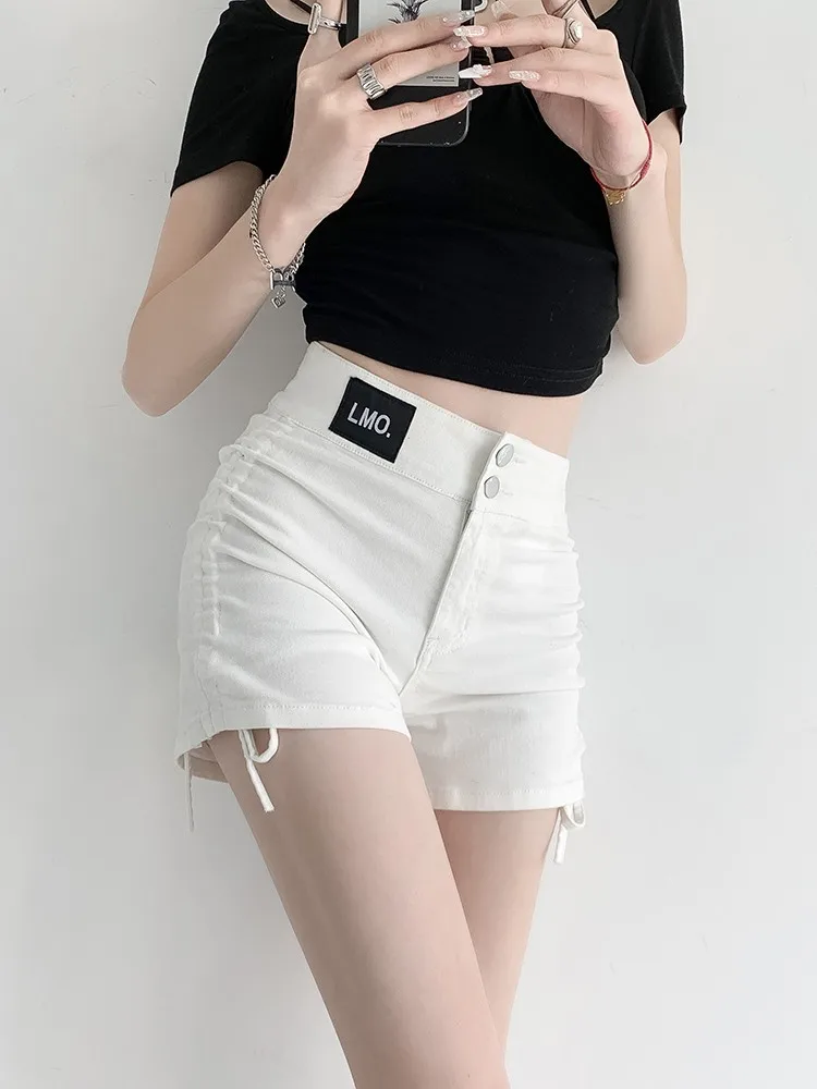 

GUUZYUVIZ High Waist Drawstring Strap Wrapped Hip Short Jeans Women Summer