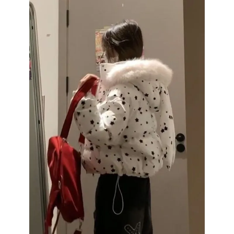 A New American Retro Hooded Woolen Collar Star-shaped Cotton Jacket for Women's Winter Versatile Loose Warm Student Bread Jacket