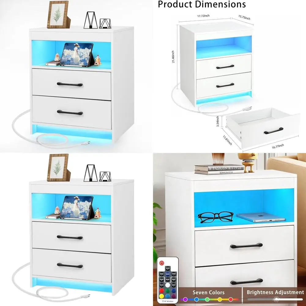 

Современная прикроватная тумбочка с 2 ящиками, светодиодной подсветкой, портами для зарядки и фоновой подсветкой, белая