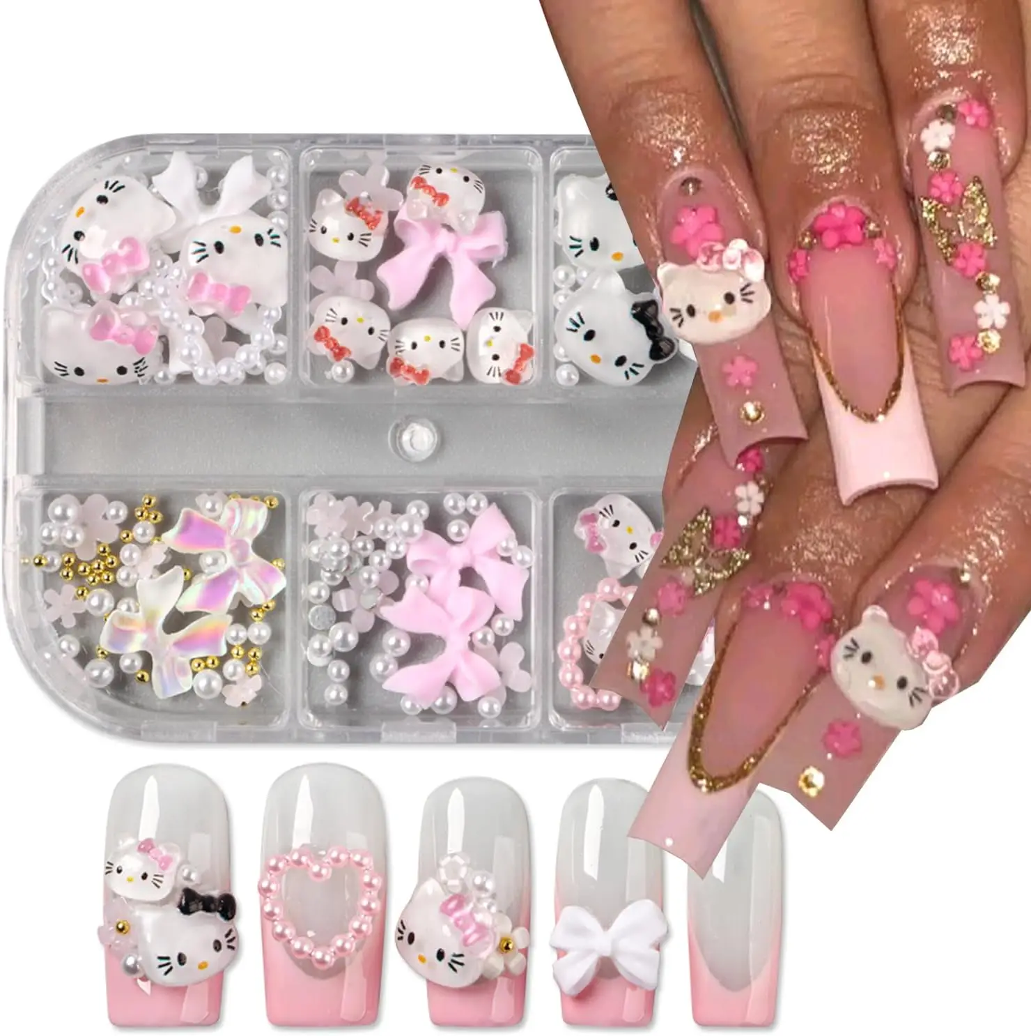 6/12 Grid 3D Cartoon Hello Kitty Nagel Charmes Hars Hart Boog Bloem Nagelsteentjes Gemengde Parel Kaviaar Kralen manicure Decoratie