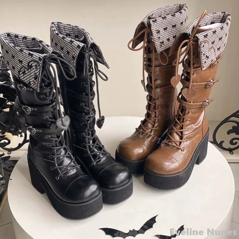 

Heart-Shaped Belt Buckle Cross Tied Biker Boots Women Round Toe Chunky Heels Side Zipper Mid Calf Boots 2024 New Sweet Cute Boot