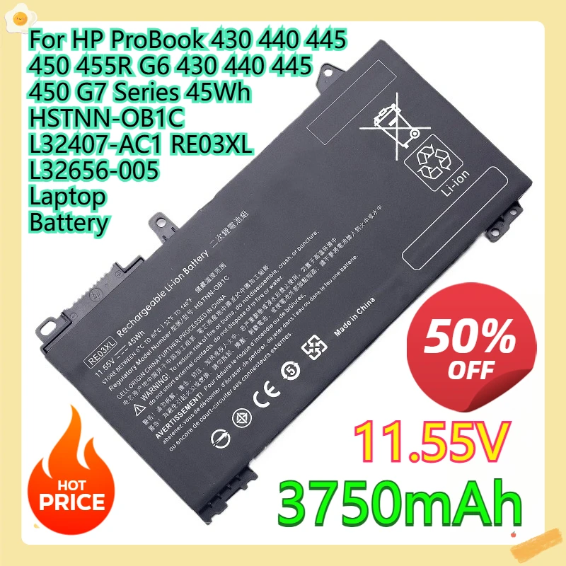 

Для HP ProBook 430 440 445 450 455R G6 430 440 445 450 G7 серии 45 Втч HSTNN-OB1C L32407-AC1 RE03XL L32656-005 Аккумулятор для ноутбука