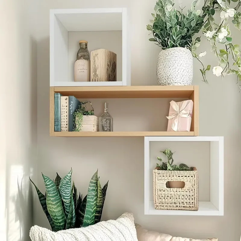 Modern Wooden Floating Shelf Wall Mounted Display Rack For Living Room Decor Plant Pot Holder Customizable Color Home Storage