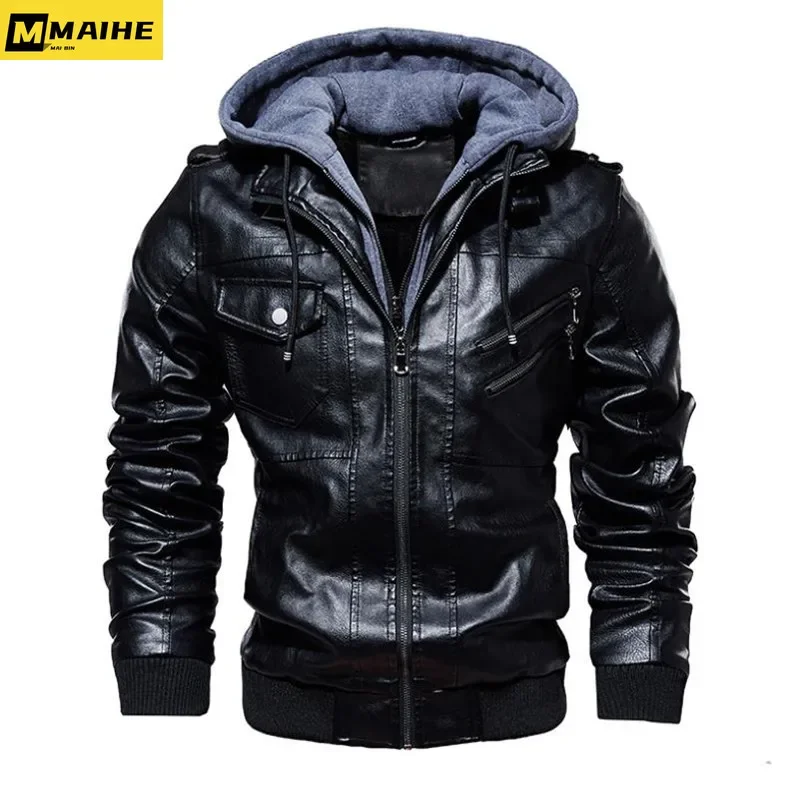 Winter High Quality Men\'s Leather Jacket Motorcycle Hooded Jacket Male Warm Casual PU leather Coat Fleece Men\'s Coats Clothing