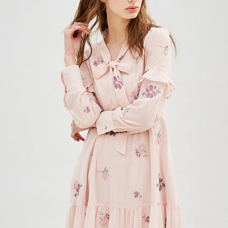 OLrain Womens Dresses Embroidered Autumn 2025 New Chiffon Long Sleeve Ruffles Party Elegant Bow V-Neck A-line Dress 9CLC18063