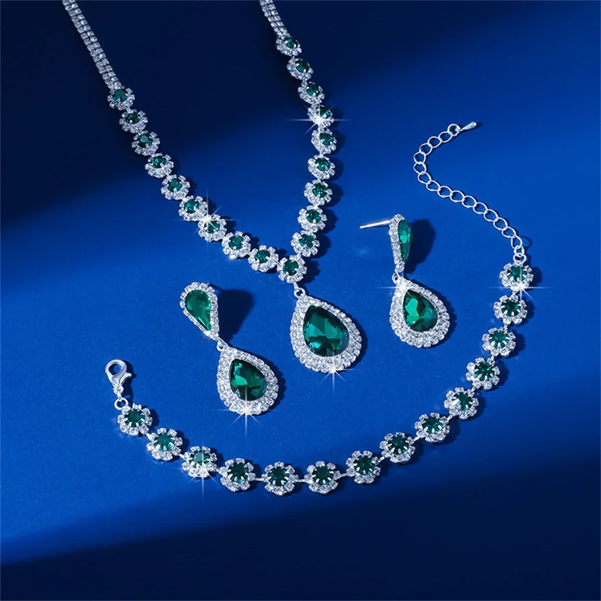 FYUAN Exquisite Red Blue Green Black Necklace Earrings Bracelet Water Drop Crystal Earrings for Wedding Jewelry Sets