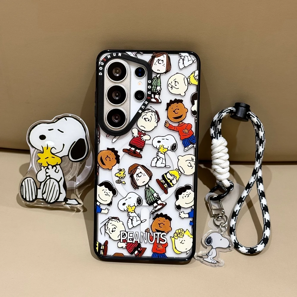 Cute Cartoon Snoopy Charlie Brown Magnetic Holder Magsafe Wireless Charge Phone Case For Samsung Galaxy S 26 25 24 23 Ultra Puls