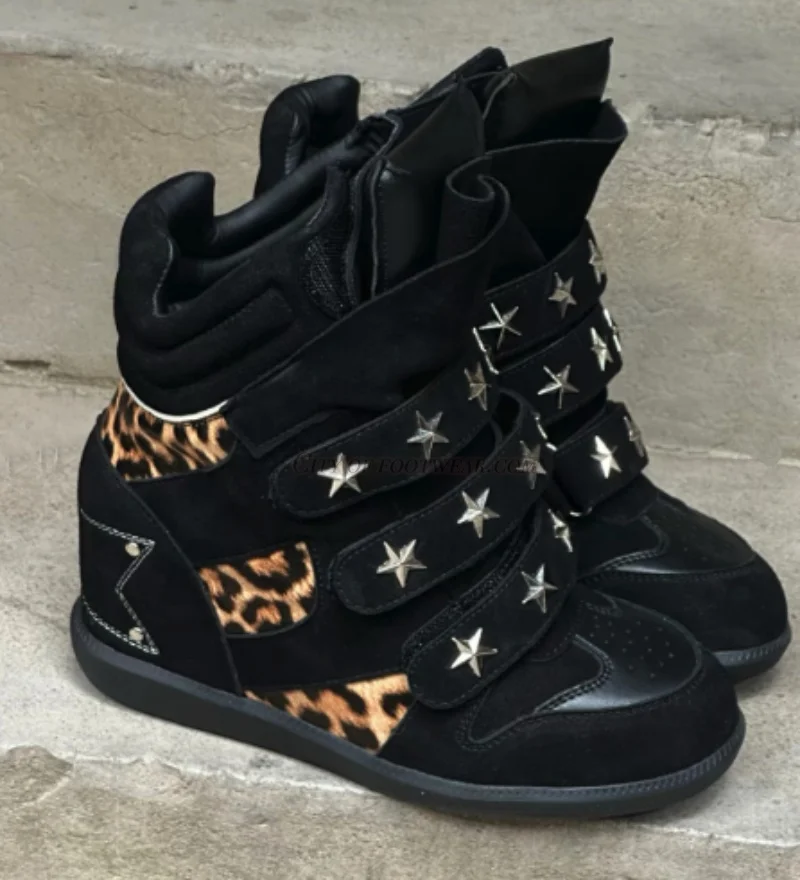 Women‘s Causal Dress stars leather sneakers Leopard print black/white crystal High-top shoes wedge heeled designer booties