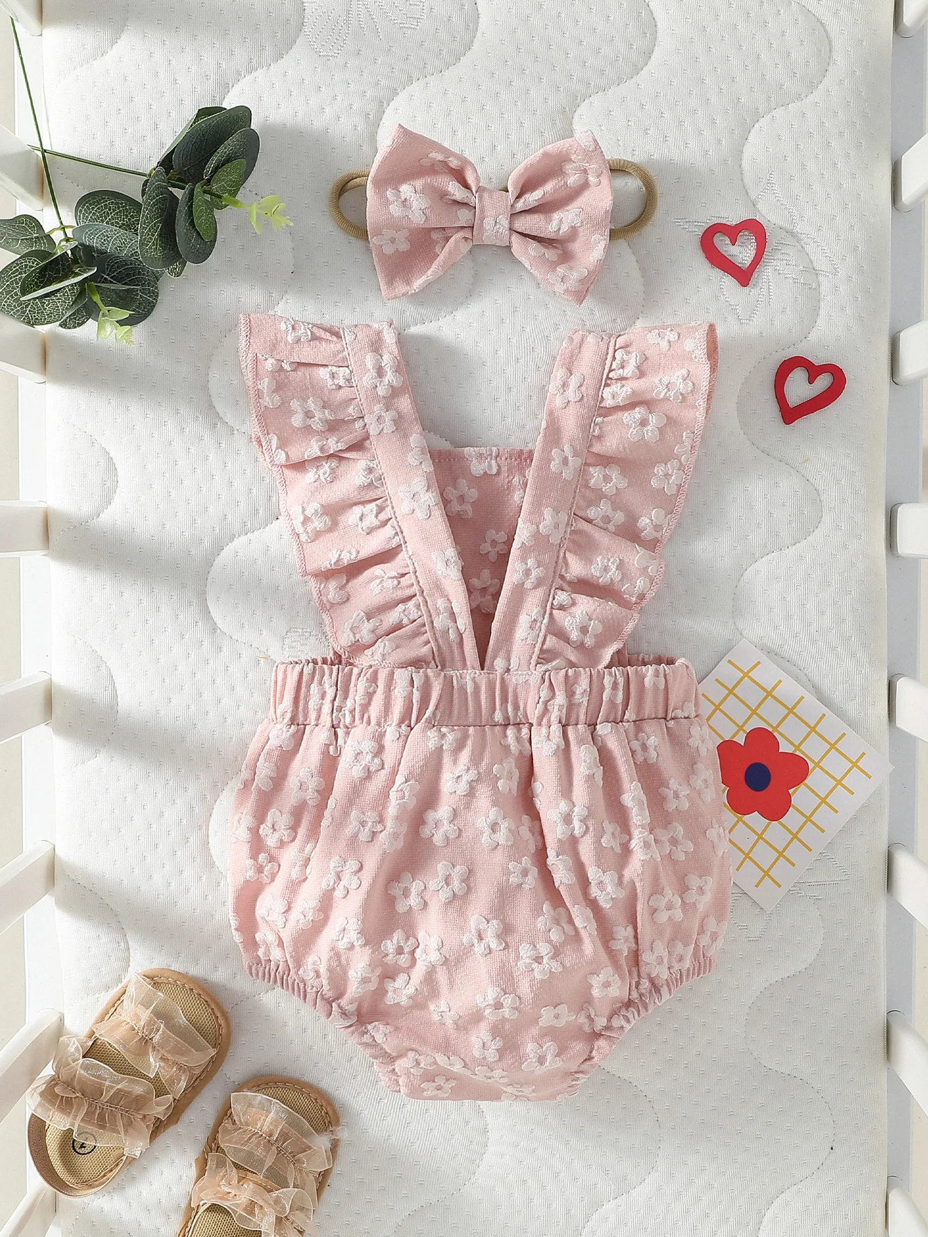 Baby Gilrs Fashion Cute Pink Print Flower Honey Jumpsuit For Summer Sleeveless Casual Clothing+Headband