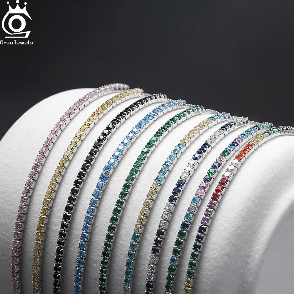 

ORSA JEWELS Rainbow 2mm Width Cubic Zirconia Chain Bracelet Soild 925 Sterling Silver Colorful CZ Tennis Bangle Adjustable SB150