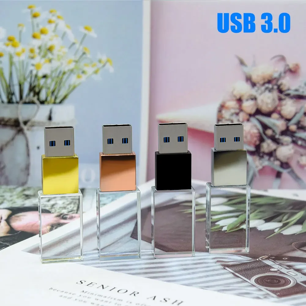 قلم كريستال ذهبي وردي Drive3.0 128GB 64GB كريستال ذهبي 32GB 16GB 8GB USB عصا شعار مخصص مجاني صندوق ورقي أسود هدايا الزفاف