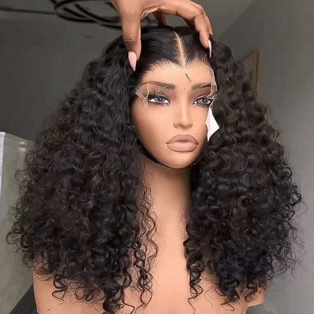 180Density 26“Long Heat Resistant Preplucked Natural Black Glueless Kinky Curly  Lace Front Wig For Women BabyHair Daily
