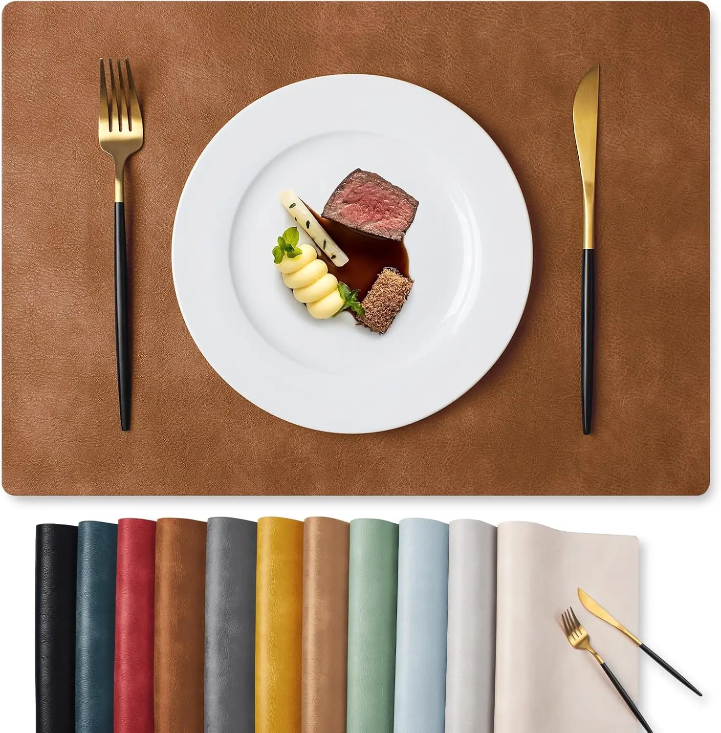 

Vinyl Placemats Set of 6-12 X 17 Inch - Faux Leather 100% Waterproof Oil-Proof Wipeable PU Place Mats