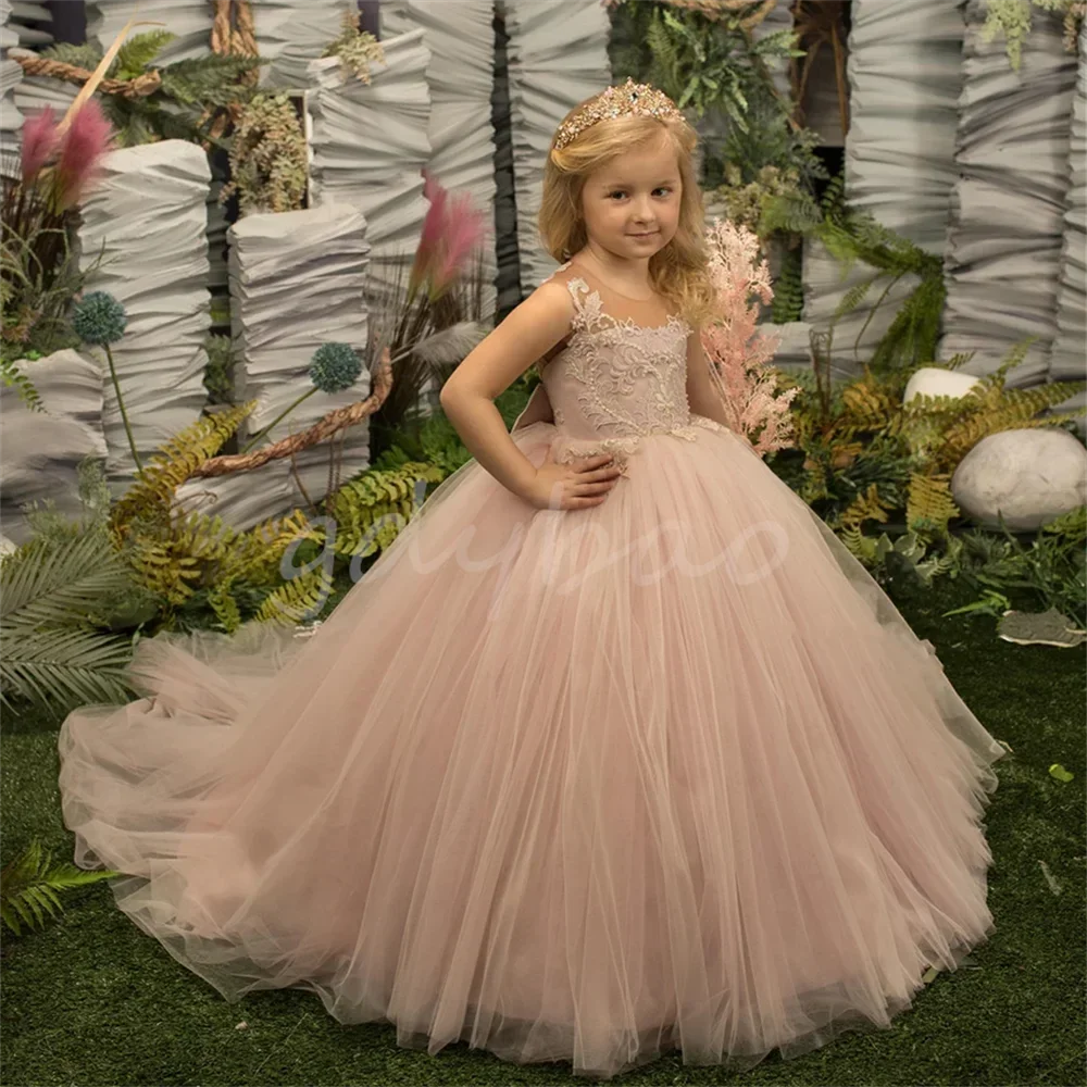 Elegant Tulle Flower Girl Dresses for Wedding 2024 Toddlers Princess Pageant Party Dress Lace Appliques Kid First Communion Gown