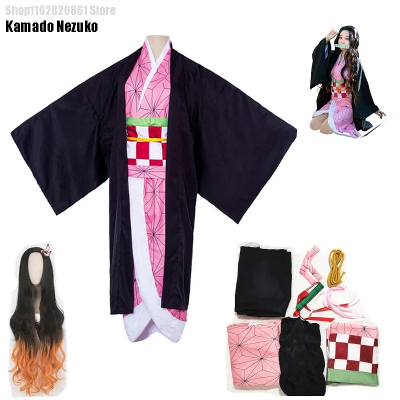 Demon Slayers Slayer Adult Children Cosplay Costume Kamado Nezuko Kimono Kimetsu No Yaiba Kamado Nezuko Wig