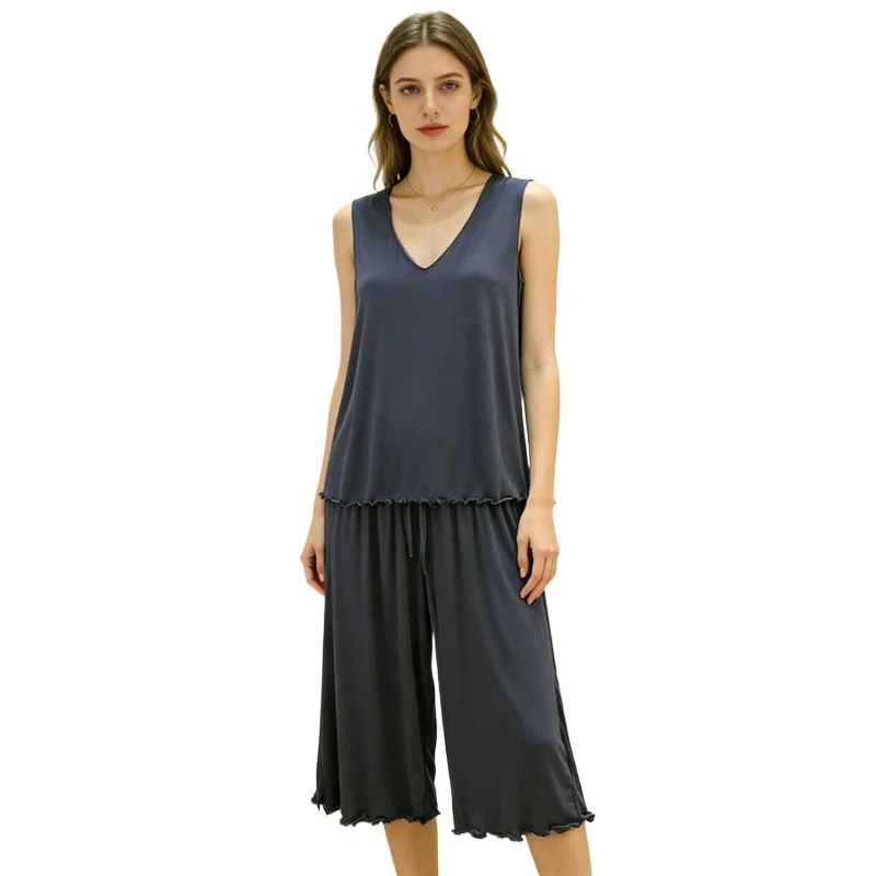 

Comfort Modal Sleepwear Pajamas Suit V-neck Vest Seven-point Wide-leg Pants Set Summer Large Size Home Clothes for Women M-6XL