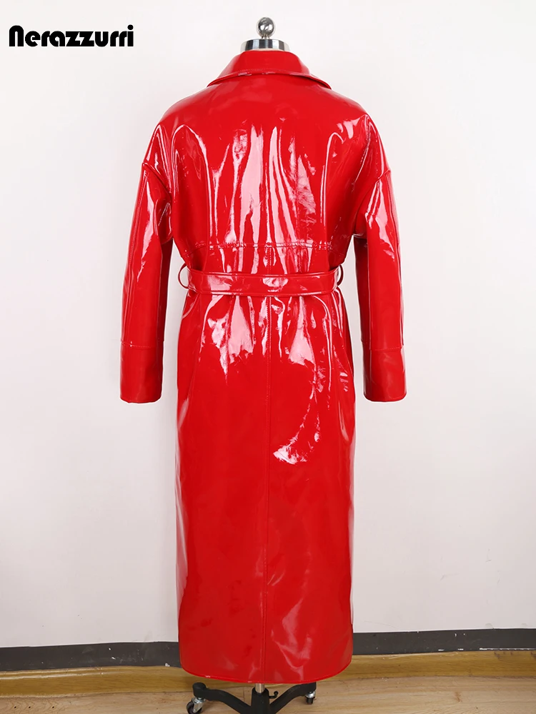 Nerazzurri Spring Autumn Long Shiny Reflective Red Faux Patent Leather Trench Coat for Women Loose Casual Runway Fashion 2024