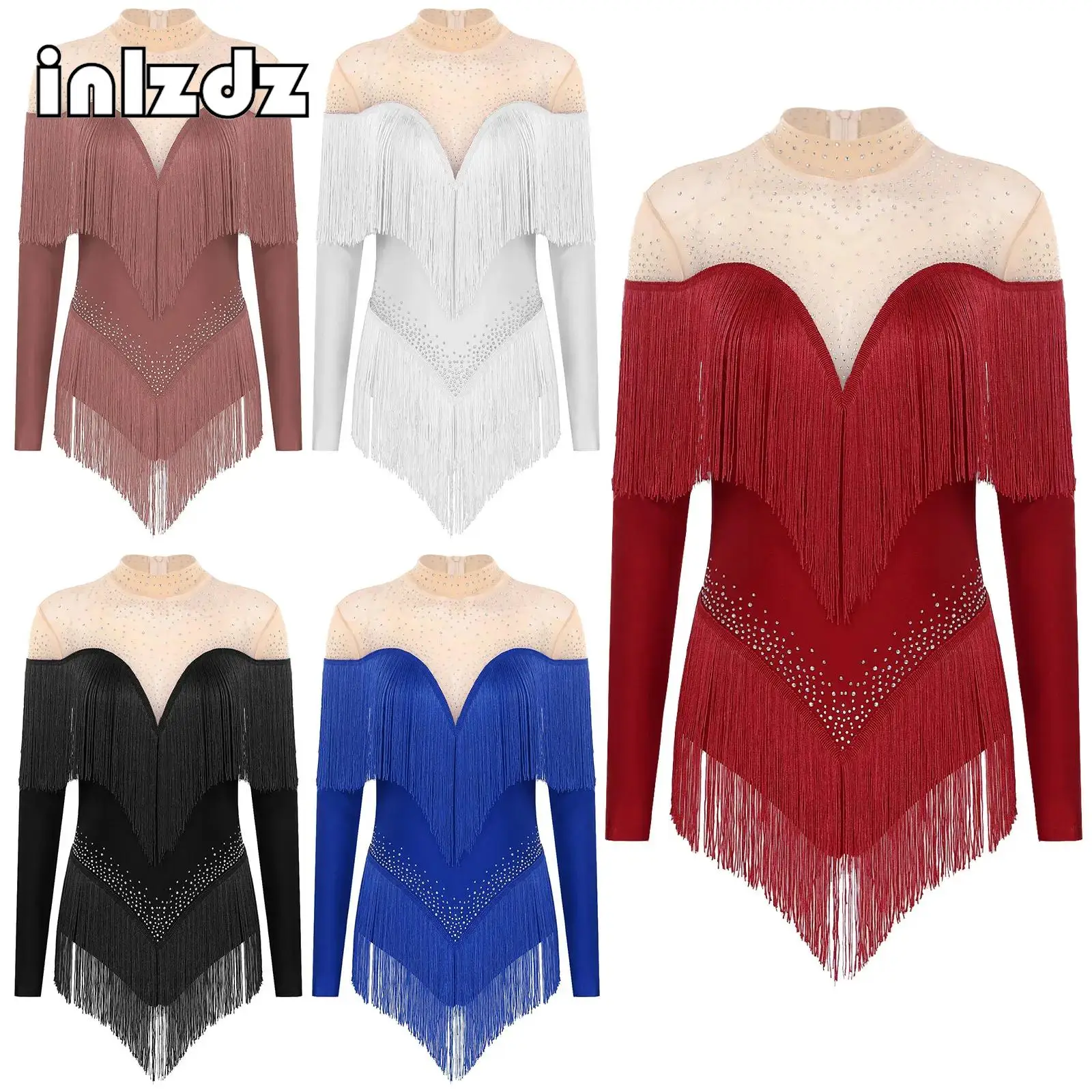 

Womens Tassel Latin Cha-Cha Dance Leotard Stage Performance Costume Mock Neck Sheer Mesh Patchwork Shiny Rhinestones Bodysuit