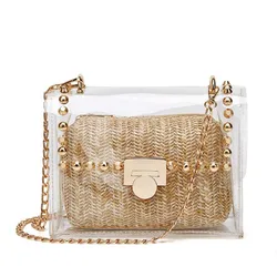 Sac à main en plastique Transparent avec chaîne, pochette à Rivet, avec porte-monnaie en paille