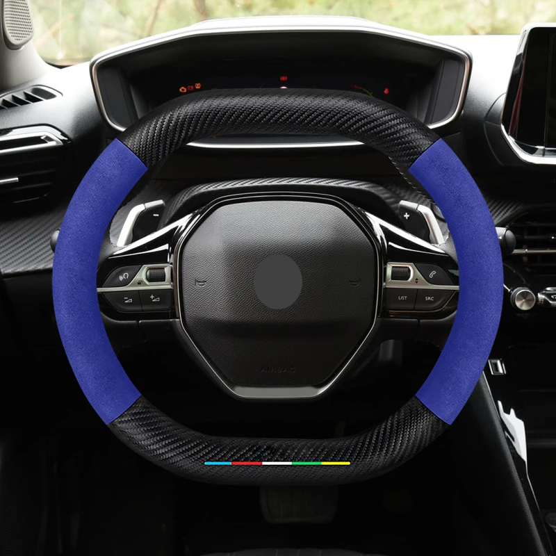 For Peugeot Suede Leather Car Steering Wheel Cover 3008 4008 5008 208 e208 2008 e2008 Carbon Fiber Non-slip Wheel Covers
