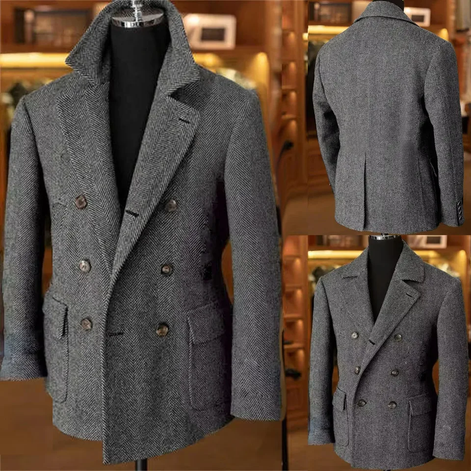 n*o様 Euro Vintage Tweed Coat Double Brea British Men's Blazers Vintage Herringbone Tweed Formal Jacket Wool